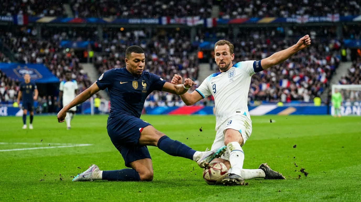 Dvaja futbalisti v súboji o loptu počas medzinárodného zápasu na zelenom trávniku