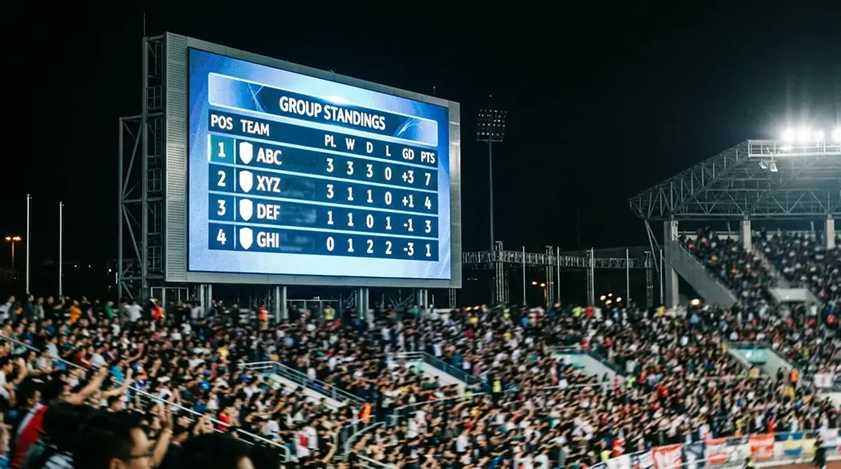 Veľká obrazovka na štadióne s tabuľkou skupiny počas MS 2026