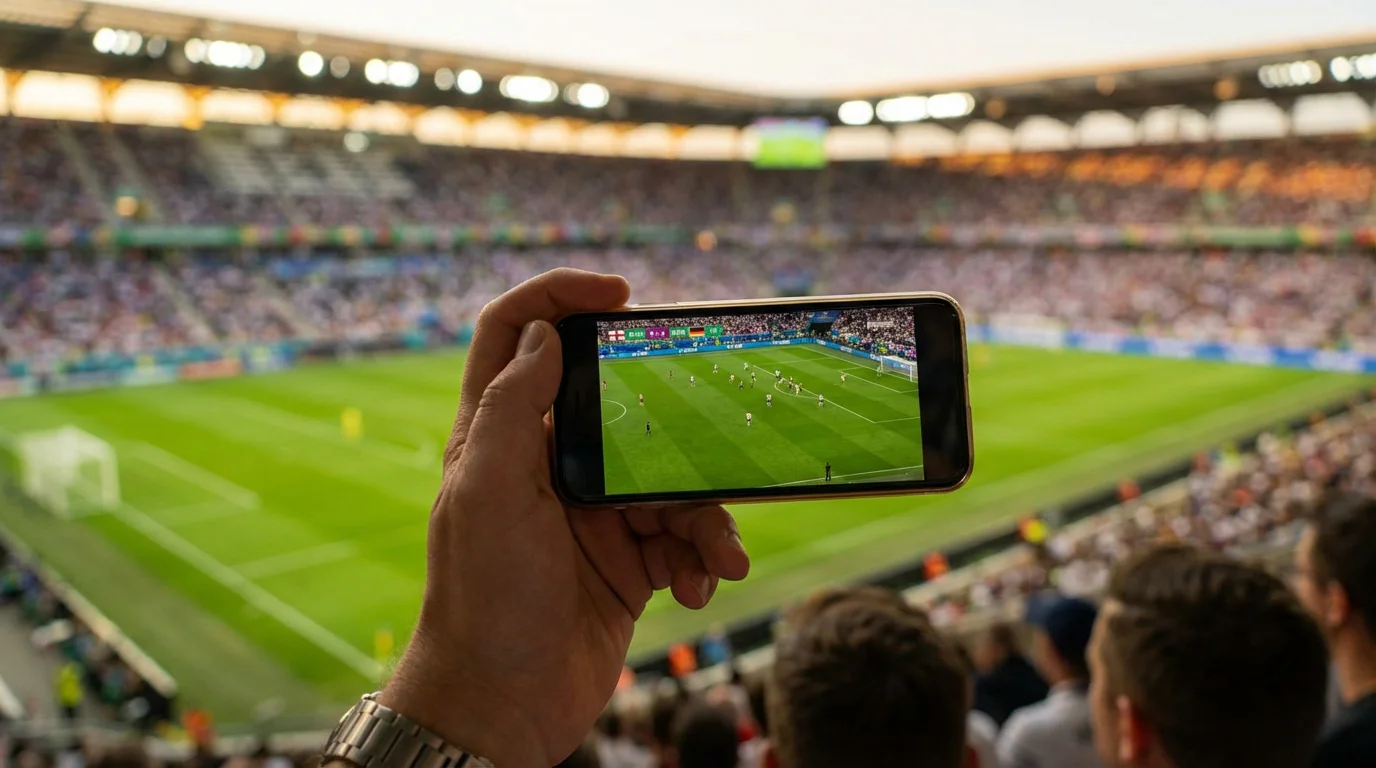 Ruka držiaca smartfón s futbalovým zápasom na obrazovke na pozadí štadióna