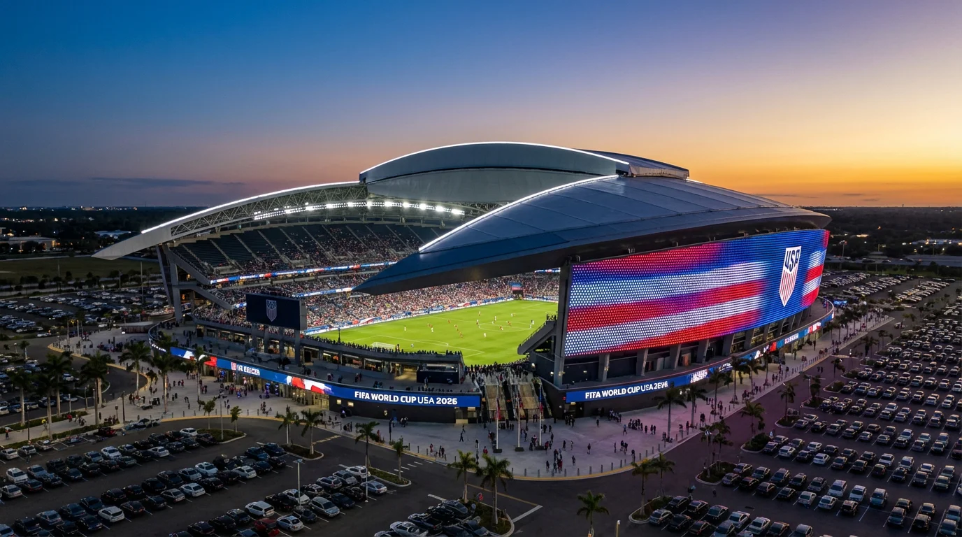 Moderný futbalový štadión v USA s otvorenou strechou a zeleným trávnikom
