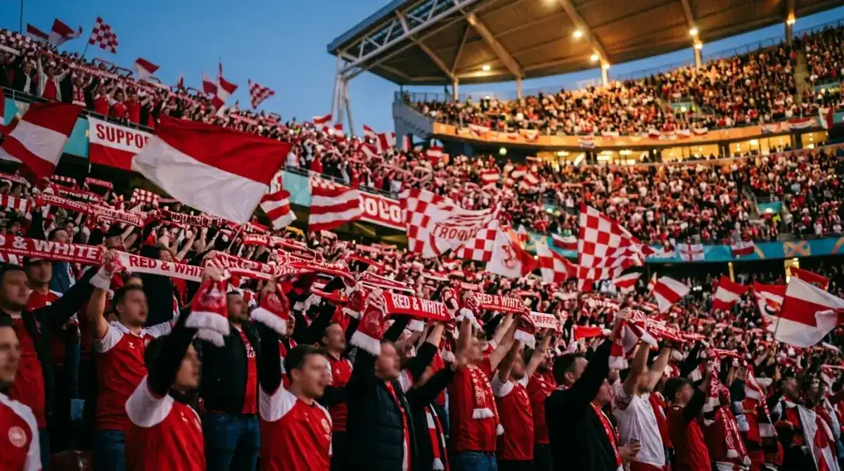Rakúski fanúšikovia s vlajkami sledujú zápas MS 2026