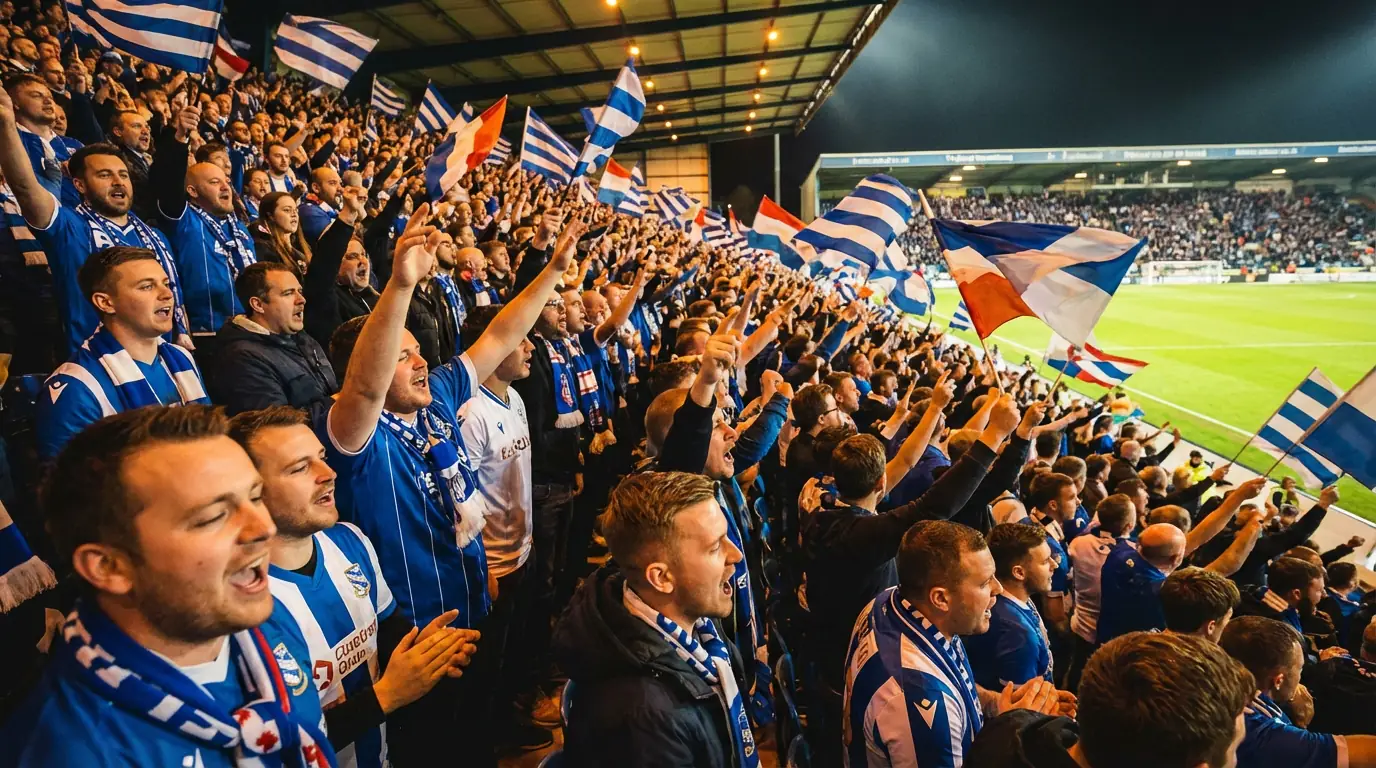 Slovenskí futbaloví fanúšikovia v národných farbách na tribúne štadióna