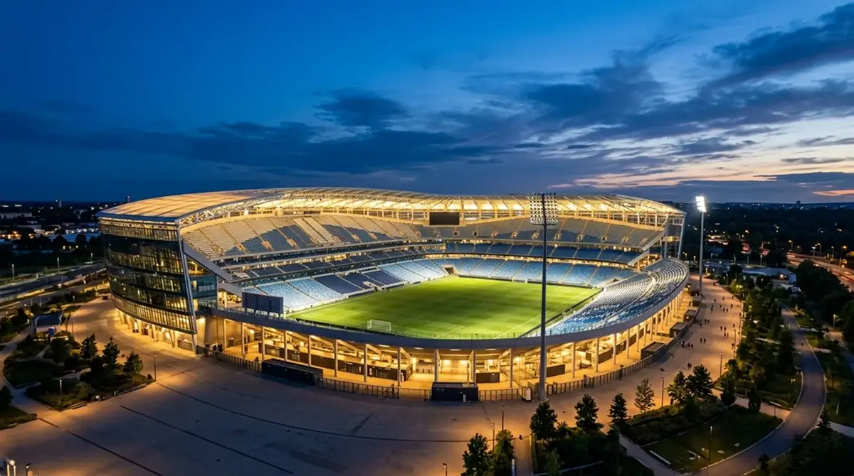 Osvetlený futbalový štadión za súmraku pred večerným zápasom MS 2026