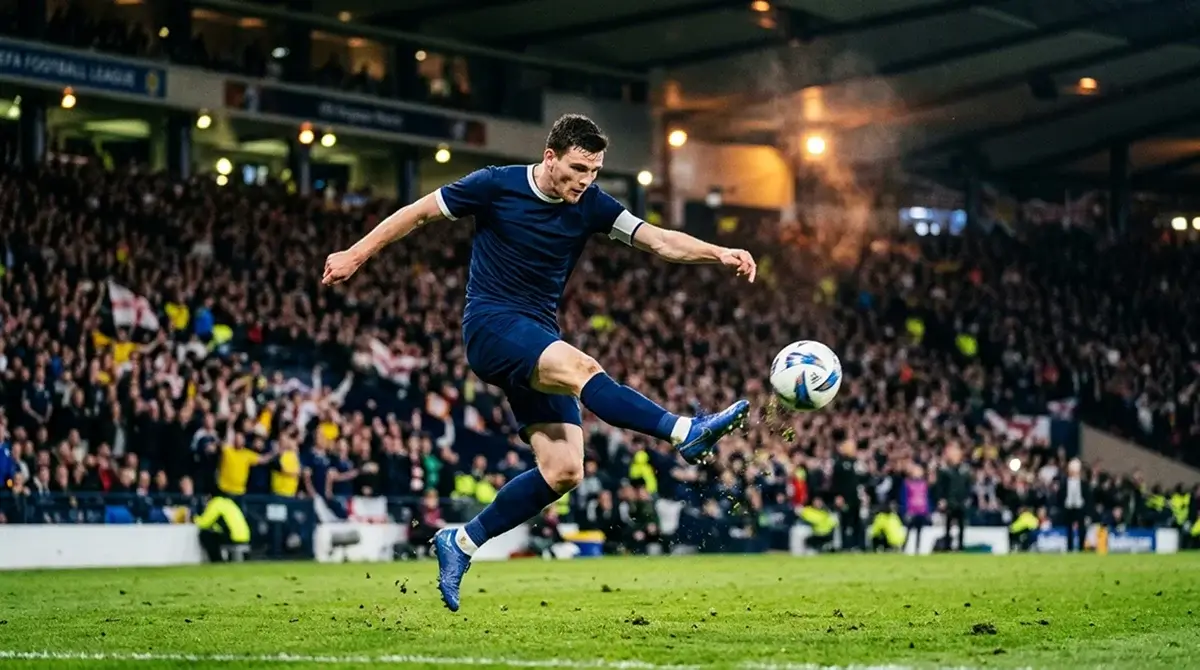 Futbalista strieľa loptu vo večernom medzinárodnom zápase pri svetlách štadióna