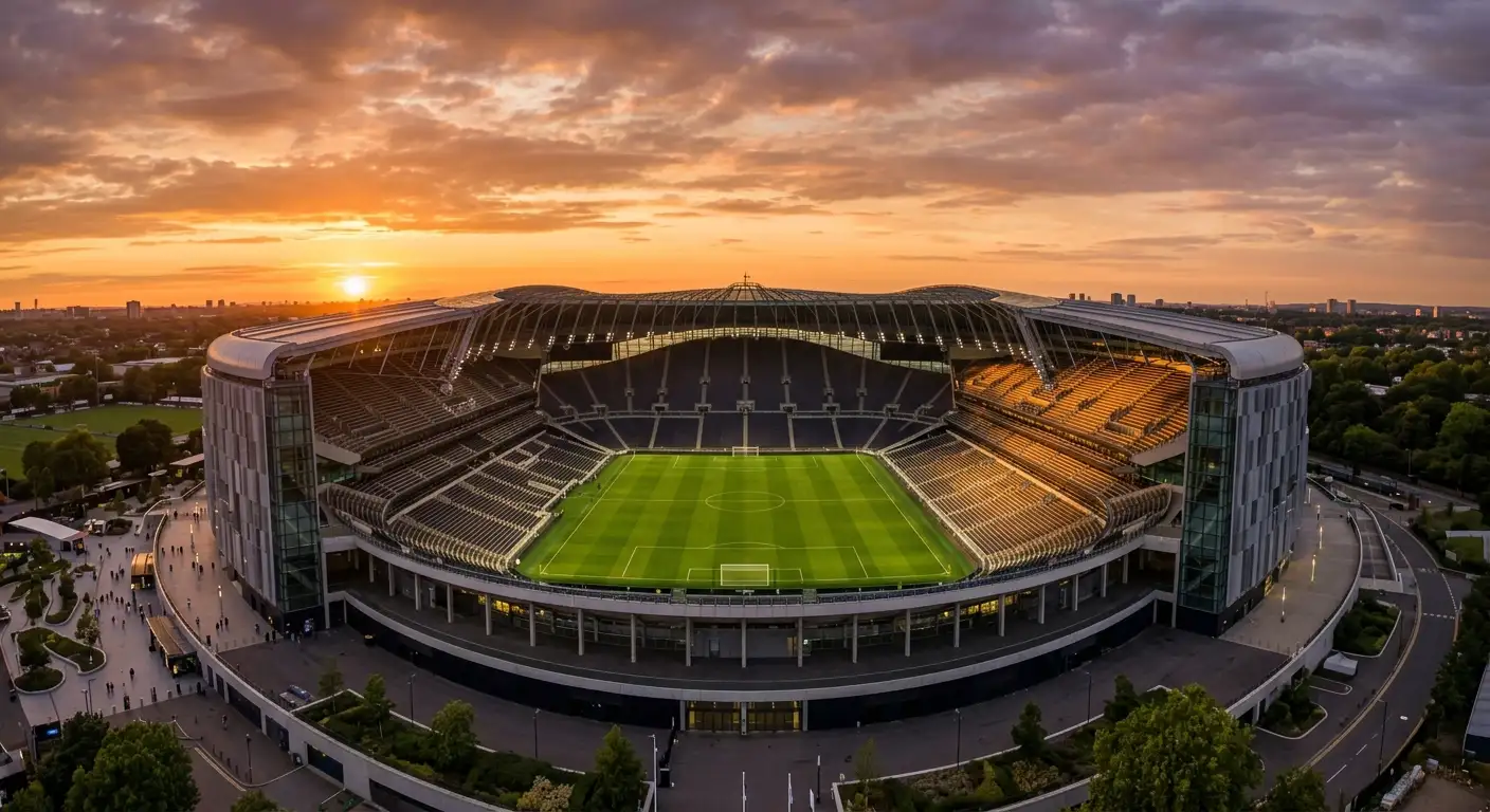 Večerný pohľad na moderný futbalový štadión pri západe slnka, prázdne sedadlá lesknúce sa pod reflektormi